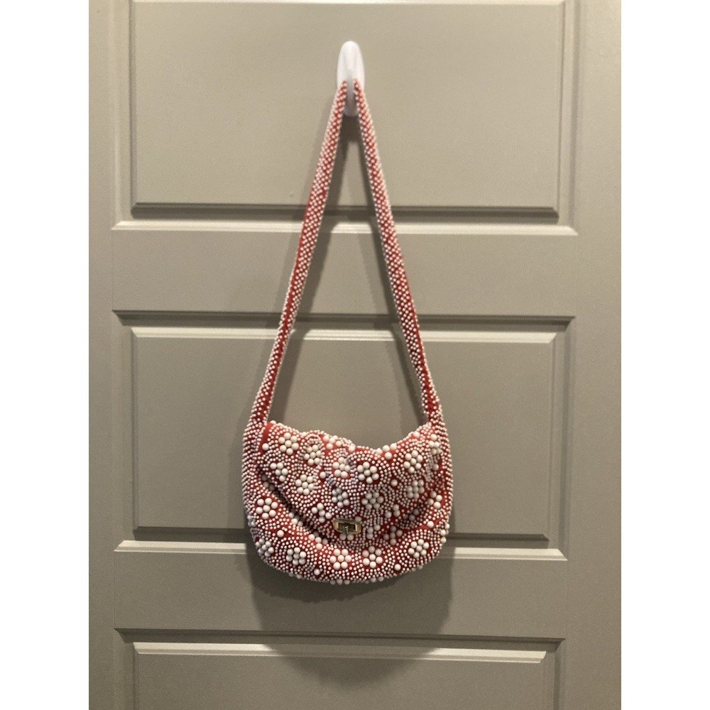 Vintage 1960s 70s Handmade Hong Kong Beaded Shoulder Bag Red White Floral Mod - Picture 2 of 9